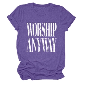 Close-up of purple t-shirt featuring vintage white WORSHIP ANYWAY slogan and soft fabric