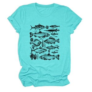 Detail of screen-printed fish and seaweed illustration on turquoise cotton T-shirt