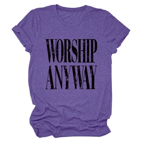 Detail of purple cotton T-shirt featuring vintage distressed Worship Anyway lettering