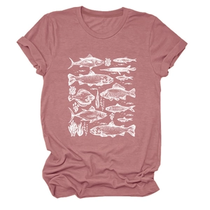Detail of soft dusty rose T-shirt fabric featuring white artistic fish and seaweed prints