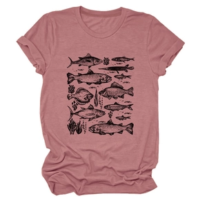 Close-up of hand-drawn fish and seaweed illustration on a dusty rose cotton T-shirt