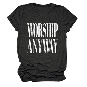 Detail of WORSHIP ANYWAY slogan print on charcoal grey cotton t-shirt with rolled sleeves