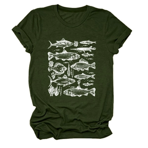 Detail of soft dark green T-shirt fabric with white fish and seaweed illustration
