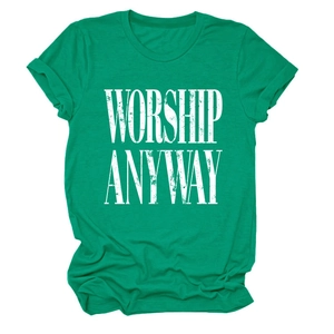Detail of green crew neck T-shirt featuring white distressed WORSHIP ANYWAY text print