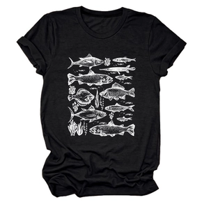 Detail of fish and coral botanical screen print on black cotton crewneck t-shirt