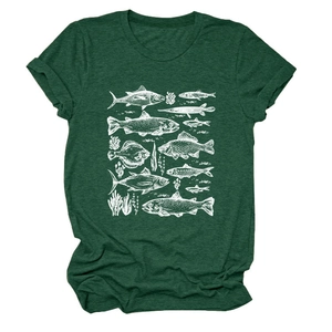 Detail of roll-up sleeves and white hand-drawn fish pattern on a dark green t-shirt
