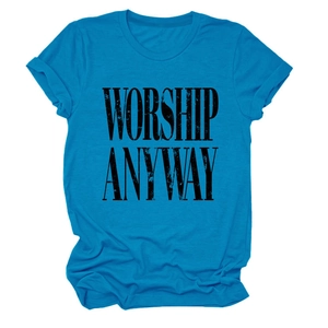 Flat lay of a bright blue cotton T-shirt featuring WORSHIP ANYWAY distressed print