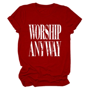Close-up of WORSHIP ANYWAY print on dark red vintage cotton t-shirt with rolled sleeves