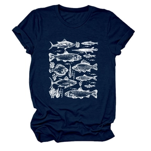 Detail of vintage hand-drawn fish and coral print on navy blue cotton crewneck t-shirt