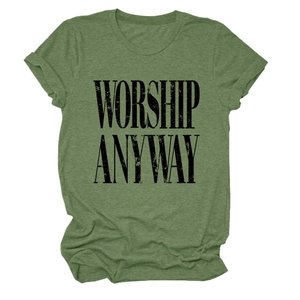 Detail of rolled sleeves and distressed WORSHIP ANYWAY print on olive green t-shirt