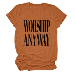 Close-up of caramel cotton T-shirt with black distressed WORSHIP ANYWAY print and rolled sleeves