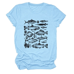 Detailed view of fish and coral print on a light blue cotton crewneck t-shirt