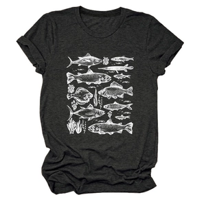 Detail of heather gray T-shirt with white hand-drawn fish and seaweed graphic print