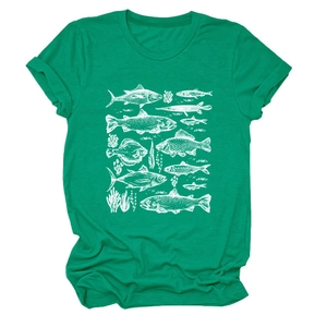 Women's green crew neck T-shirt with white school of fish and coral reef line art print