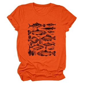 Detail of vintage fish and seaweed sketch printing on orange cotton t-shirt