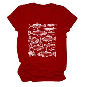 Close-up of hand-drawn fish and coral print on burgundy crew neck cotton T-shirt