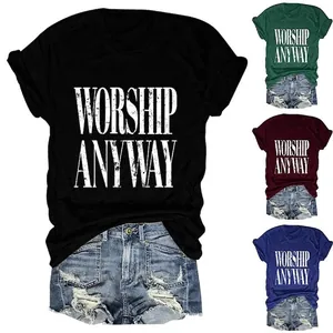 Women T-Shirt Round Neck Short Sleeve Cotton Blend Loose Vintage Worship Anyway Letter Print Casual Streetwear Tops