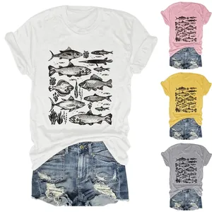 Women T-Shirt Cotton Blend Short Sleeve Crew Neck Vintage Fish Marine Life Illustration Print Casual Loose Retro Top