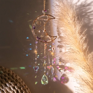 Handmade moon amethyst suncatcher with crystal prisms for boho home wall decor