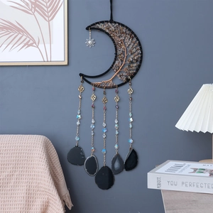 Moon dream catcher wall hanging with tree of life and black agate stones for home decor