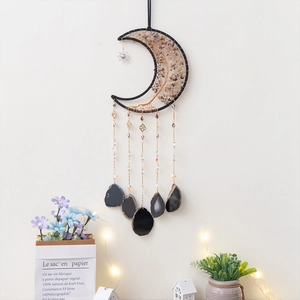 Moon shaped tree of life dreamcatcher with black agate slices and warm LED lighting