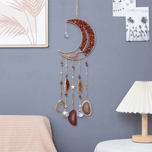 Attrape-Soleil Arbre De Vie Lune Avec Tranches D'Agate Fil Métallique Enveloppé Cristal Décoration Suspendue Pour Jardin Fenêtre Boho Cadeau Fait Main