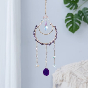 Atrapasol de luna con amatista natural y rodaja de ágata para decoración de jardín