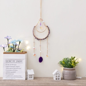 Campana de viento luna boho con amatista púrpura y colgante de rebanada de ágata natural