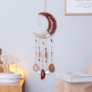 Capteur de soleil lune doré avec arbre de vie rouge et agate pour jardin