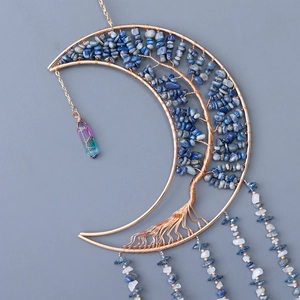 Decorazione da parete luna bohémien con albero della vita in agata e cristallo