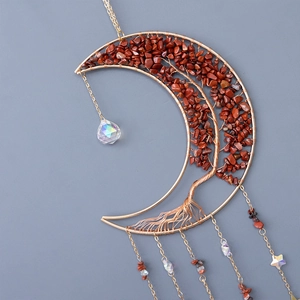 Attrape-soleil lune arbre de vie doré avec pierres rouges et pendentif en cristal