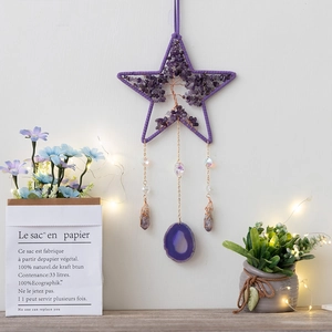 Adorno Colgante de Estrella Árbol de la Vida de Amatista Hecho a Mano Con Rebanada de Ágata Campanilla de Viento de Cristal Bohemio