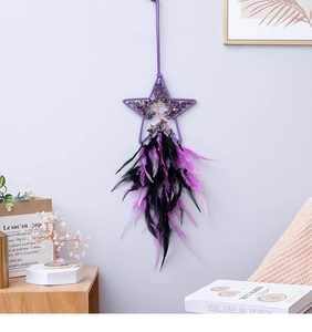 Detail of star-shaped dreamcatcher wall hanging with purple crystal tree of life design