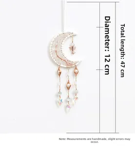 Moon-shaped tree of life suncatcher with white crystals and hanging heart beads 12cm