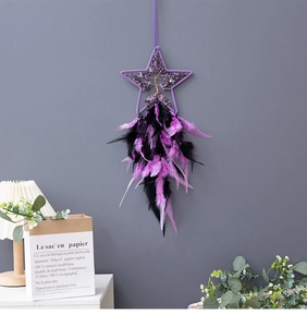 Detailed close-up of a handmade purple crystal star dream catcher with feathers and tree of life