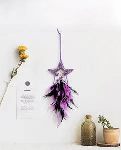 Detail of star dream catcher with purple crystal stones and feather tassels decoration