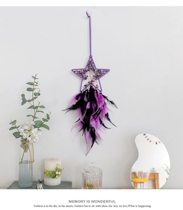 Star-shaped dream catcher with purple crystal tree of life and hanging feathers on white wall
