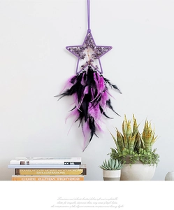 Star-shaped dream catcher with purple crystal tree of life and black feather tassels