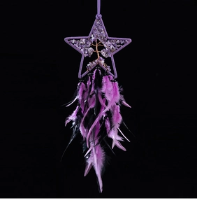 Macro view of purple star tree of life dreamcatcher with natural crystal and feathers