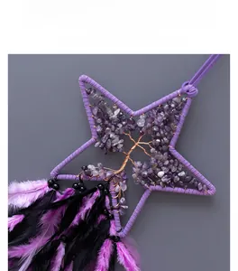 Macro detail of pentagram dreamcatcher with purple crystals and decorative feathers