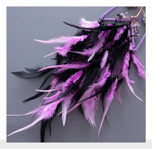 Macro shot of purple crystal stones and feathers on a handcrafted dreamcatcher