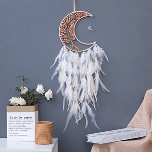 Tree of Life moon dream catcher with white feathers and orange stone bead wind chimes