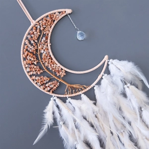 Bohemian moon dream catcher with crystal tree of life and white feathers wall hanging