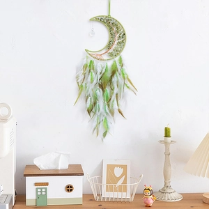Moon-shaped Tree of Life dream catcher with green stones and feathers for home decor