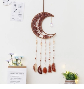 Bohemian moon-shaped dream catcher wall hanging with red agate slices and crystal