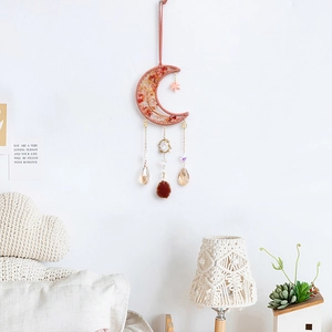 Handmade Moon Tree of Life Dream Catcher Wall Hanging Decor With Crystal Agate Stone Copper Boho Home Bedroom Ornament Gift