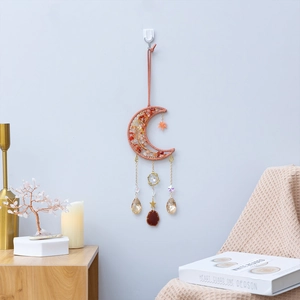 Pink handmade crescent moon dream catcher with crystal stones and hanging metal chains