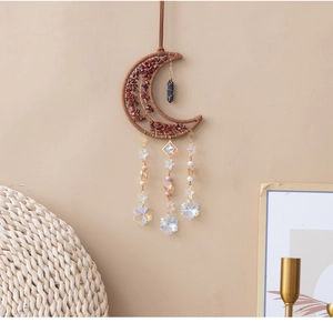 Detailed Bohemian moon dreamcatcher with Tree of Life crystals and snowflake pendants