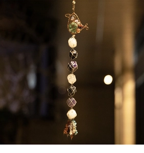 Detailed handmade life tree car pendant with colorful crushed stones and healing crystals