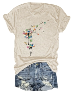 Detail of artistic dandelion and flying books print on beige crew neck casual t-shirt